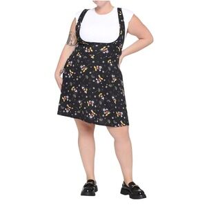 Disney Mickey Mouse Pinafore Skirt Womens L Black Daisy Floral Print Skater